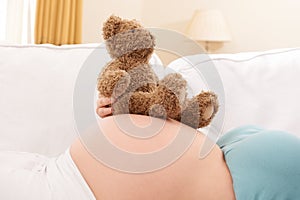 Pregnant Woman With Teddy Bear Resting On Belly