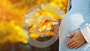 Pregnant woman in touching big belly with hands. Baby expectation. Pregnant woman outdoors in autumn