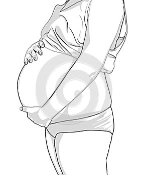 Pregnant woman touching her belly isolated on white. Young woman expecting a baby. cute pregnant belly