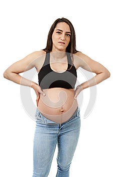 Pregnant woman upset with her too tight jeans