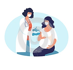 A pregnant woman is vaccinated at a doctor s office, an appointment at a clinic, pregnancy health. Cartoon flat vector