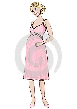 Pregnant woman, vector hand drawing. Colored cartoon portrait of a expectant girl with a big belly full-length, drawn happy future