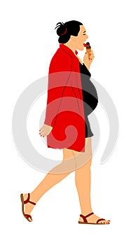 Pregnant woman vector illustration isolated on white. Pregnant girl walking eat ice cream.