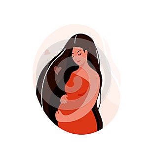 Pregnant woman vector illustration. Pregnancy, childbirth design concept with beautiful girl hugging her big belly