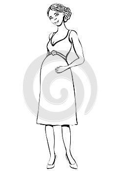 Pregnant woman, vector outline hand drawing, coloring, sketch. Black and white cartoon portrait of expectant girl with big belly f