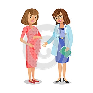 Pregnant woman visiting doctor in clinic, expectant mother