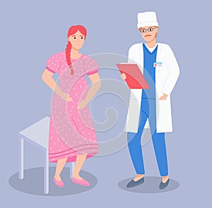 Pregnant woman visiting doctor in clinic, expectant mother talking with physician male character