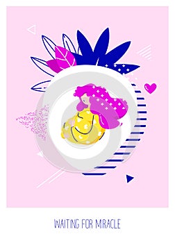 Pregnant woman waiting a baby. Celebration card in flat linear style. Vector