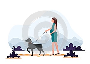 Pregnant woman walking the dog. Vector illustration in flat style, concept illustration for healthy lifestyle, sport, exercising