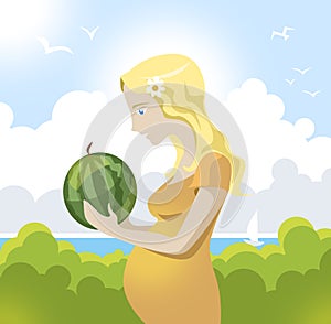 Pregnant woman with watermelon.