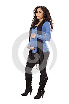Pregnant woman in winter clothing.