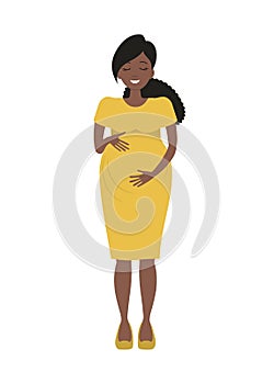 Pregnant woman in yellow dress. Smiling black woman holds her hands on her stomach