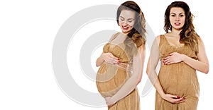 Pregnant women collage in dress holds hands on belly isolated on white background. Pregnancy and maternity concept. Mother day.