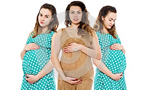 Pregnant women collage in dress holds hands on belly isolated on white background. Pregnancy and maternity concept. Mother day.