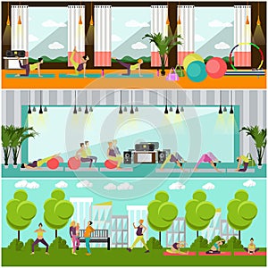 Pregnant women are doing exercise yoga in fitness center and park. Gym interior vector illustration.