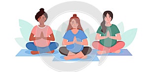 Pregnant women is engaged in yoga. Girls of different nationalities sit in asana, meditate. active pregnancy. Siddhasana