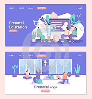 Pregnant women exercises fitness, yoga, prenatal education vector illustration web set.