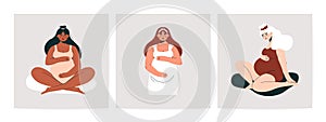 Pregnant women. Flat female portraits with childbearing belly, diverse expecting moms, maternity, motherhood and