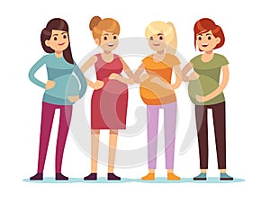 Pregnant women group. Future mothers anticipation birth baby, friendship happy woman mother with big belly. Cartoon photo