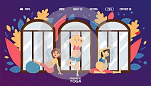 Pregnant women, healthy yoga sport for gestation period, flat vector illustration. Landing page mother wholesome