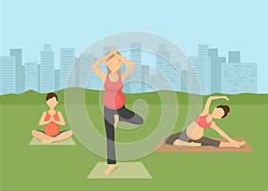 Pregnant women yoga in city vector illustration. Prenatal yoga, pilates class on green grass with cityscape. Female flat