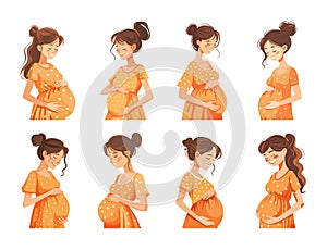 Pregnant womens cartoon style vector set. Dress young females happy moms characters, motherhood vector illustrations