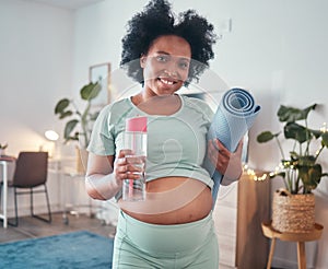 Pregnant, yoga and portrait of black woman in home ready to start exercise, training or workout for health or fitness