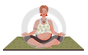 Pregnant yoga. Young Pregnant woman sitting in lotus pose. Female character doing meditation. Mother with belly doing yoga,