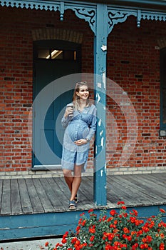 Pregnant young Caucasian woman wearing long blue dress and rustic country hat in park outside.