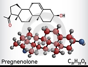 Pregnenolone, P5 molecule. It is neurosteroid, endogenous steroid hormone. Structural formula and molecule model photo