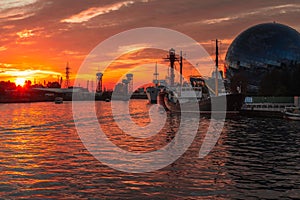 Pregolya River and ships in Kaliningrad at sunset. Russia