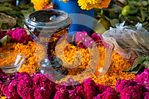 prehispanic altar,clay pot for burning incense,day of the dead