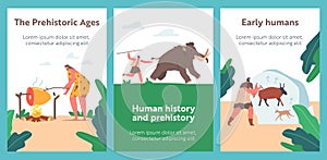 Prehistoric Ages People Cartoon Banners. Wear Animal Skin Use Primitive Tools for Hunting, Cooking on Fire, Man Hunting