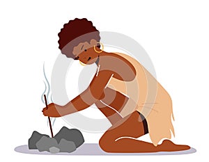 Prehistoric Ages Woman Light a Fire Using Tools, Primitive Neanderthal Female Character Lifestyle, Girl Wear Animal Skin