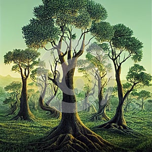 Prehistoric antediluvian forest landscape with primitive trees and ferns