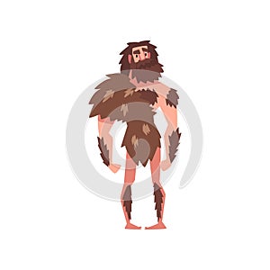 Prehistoric Bearded Man, Primitive Stone Age Caveman Wearing Animal Pelt Cartoon Character Vector Illustration