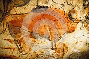 Prehistoric bison drawing in the polychrome ceiling of the Altamira cave in Santillana del Mar, Spain