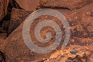 Prehistoric Bushman engravings at Twyfelfontein - Plate with rock paintings from animals and symbols