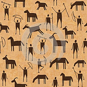 Prehistoric cave paintings seamless pattern