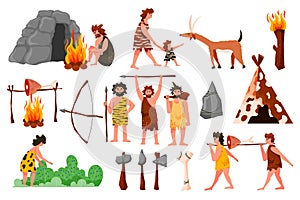 Prehistoric cave. Primeval hunter tools. Ancient human characters. Tribal man and woman. Cavemen hunting tiger. People