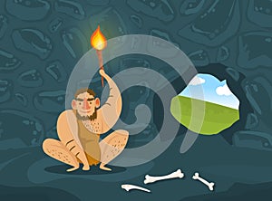 Prehistoric Caveman in Animal Skin Sitting in Dark Cave with Burning Torch, Primitive Man Character Vector Illustration