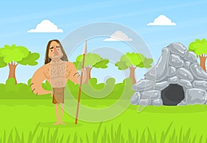 Prehistoric Caveman in Animal Skin Standing with Spear on Stone Age Natural Landscape Vector Illustration