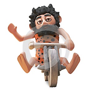 Prehistoric caveman character in 3d free wheeling his stone bike, 3d illustration