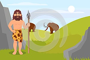 Prehistoric caveman character in animal skin holding spear, Stone Age natural landscape vector Illustration