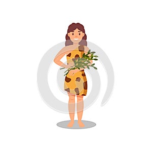 Prehistoric cavewoman in animal skin, Stone Age character vector Illustration on a white background