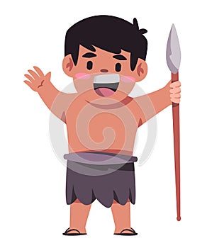 Prehistoric character holding spear illustration of happy child wearing hunter tribe clothes