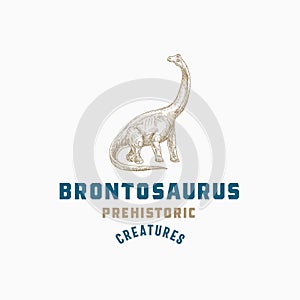 Prehistoric Creature Dinosaur Abstract Sign, Symbol or Logo Template. Hand Drawn Brontosaurus Reptile with Retro