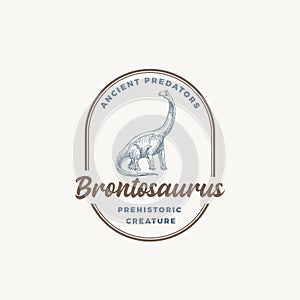 Prehistoric Creature Dinosaur Abstract Sign, Symbol or Logo Template. Hand Drawn Brontosaurus Reptile with Retro