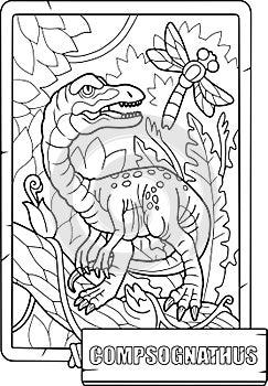 Prehistoric dinosaur compsognathus, coloring book for children, outline illustration