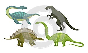 Prehistoric Dinosaurs Animals with Sharp Teeth and Tails Vector Set